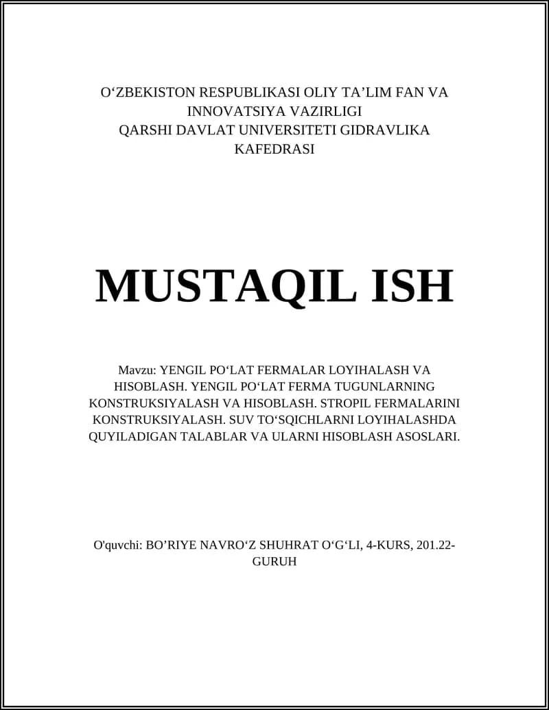 YENGIL POʻLAT FERMALAR LOYIHALASH VA HISOBLASH