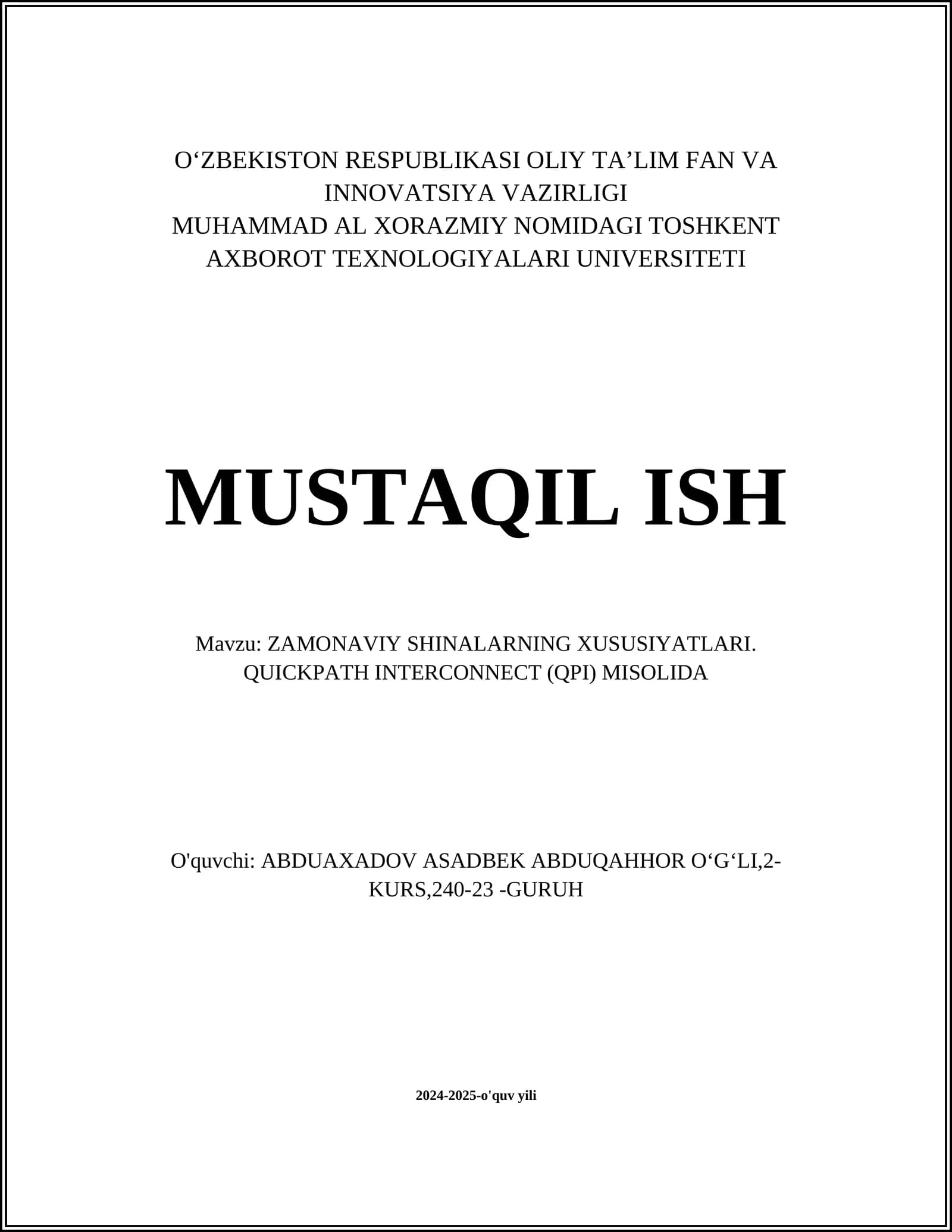 ZAMONAVIY SHINALARNING XUSUSIYATLARI. QUICKPATH INTERCONNECT (QPI) MISOLIDA