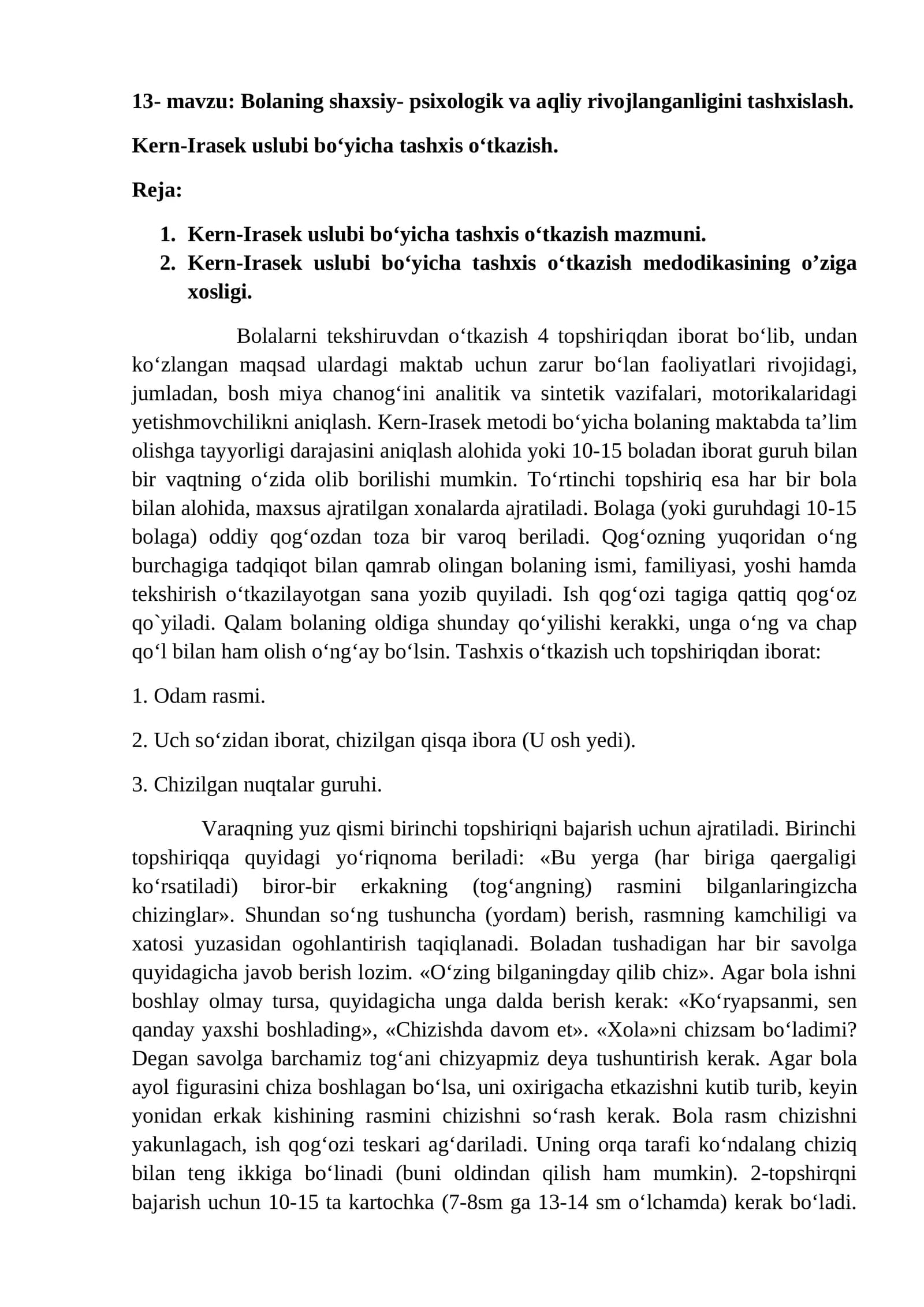 Bolaning shaxsiy-psixologik va aqliy rivojlanganligini tashxislash
