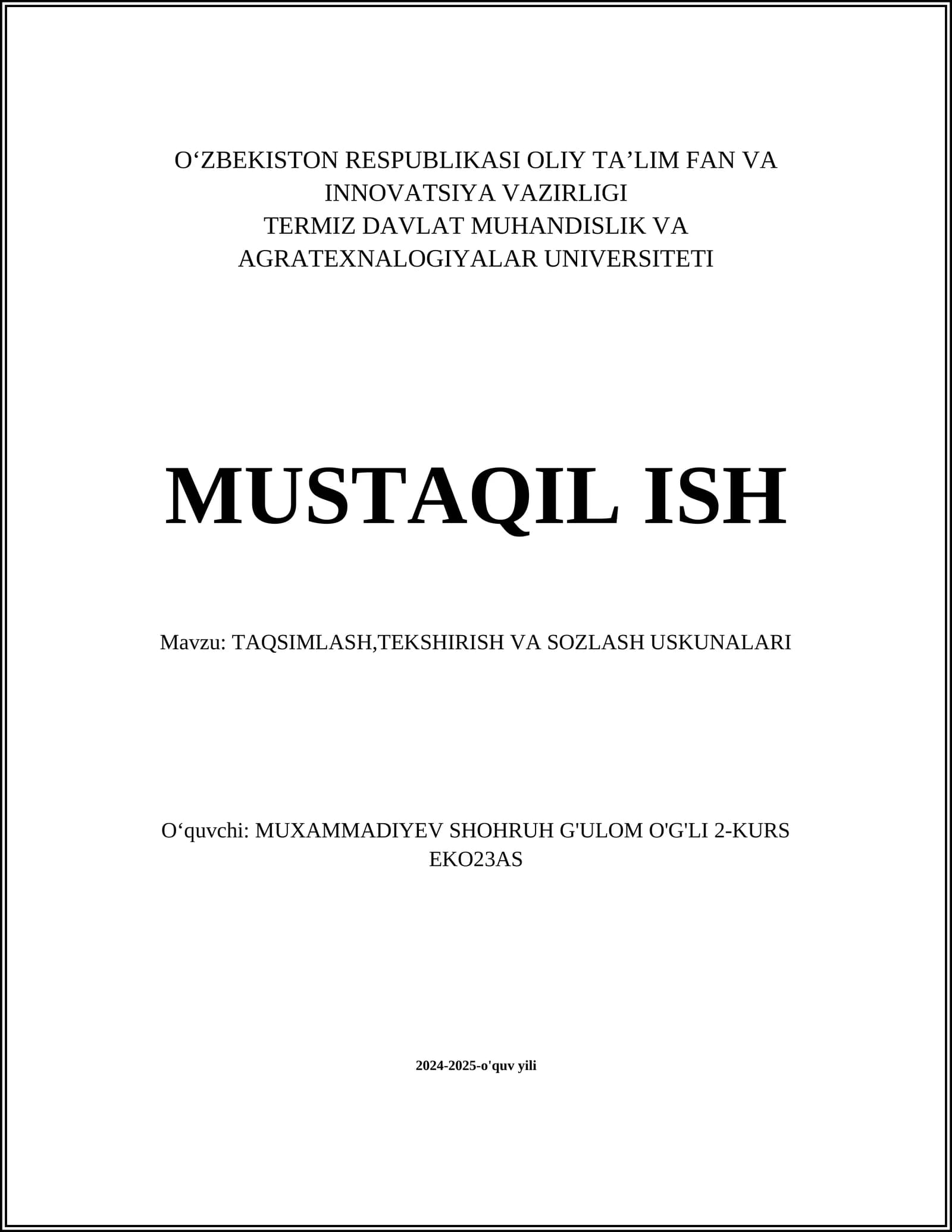 TAQSIMLASH,TEKSHIRISH VA SOZLASH USKUNALARI