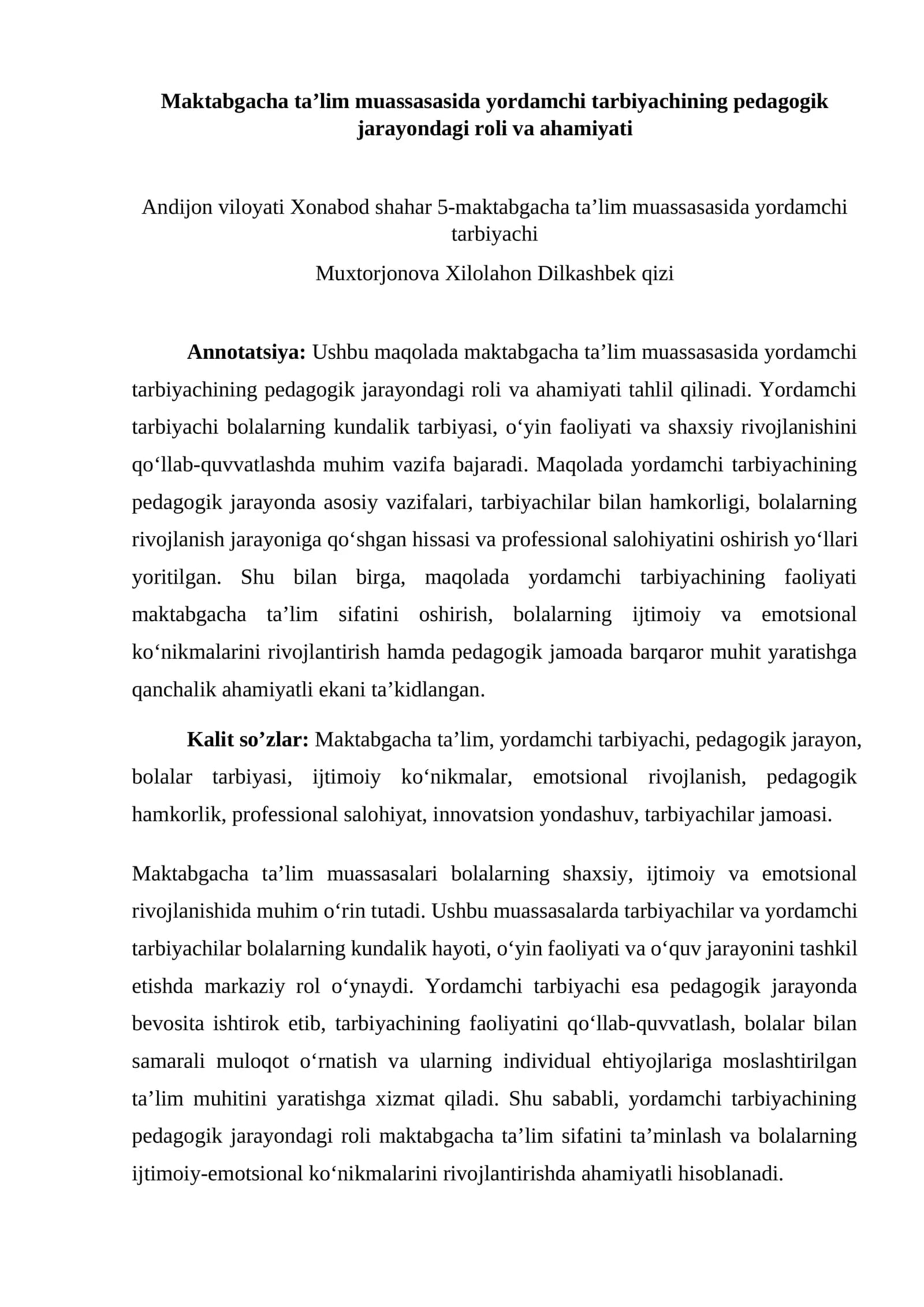 Maktabgacha ta’lim muassasasida yordamchi tarbiyachining pedagogik jarayondagi roli va ahamiyati