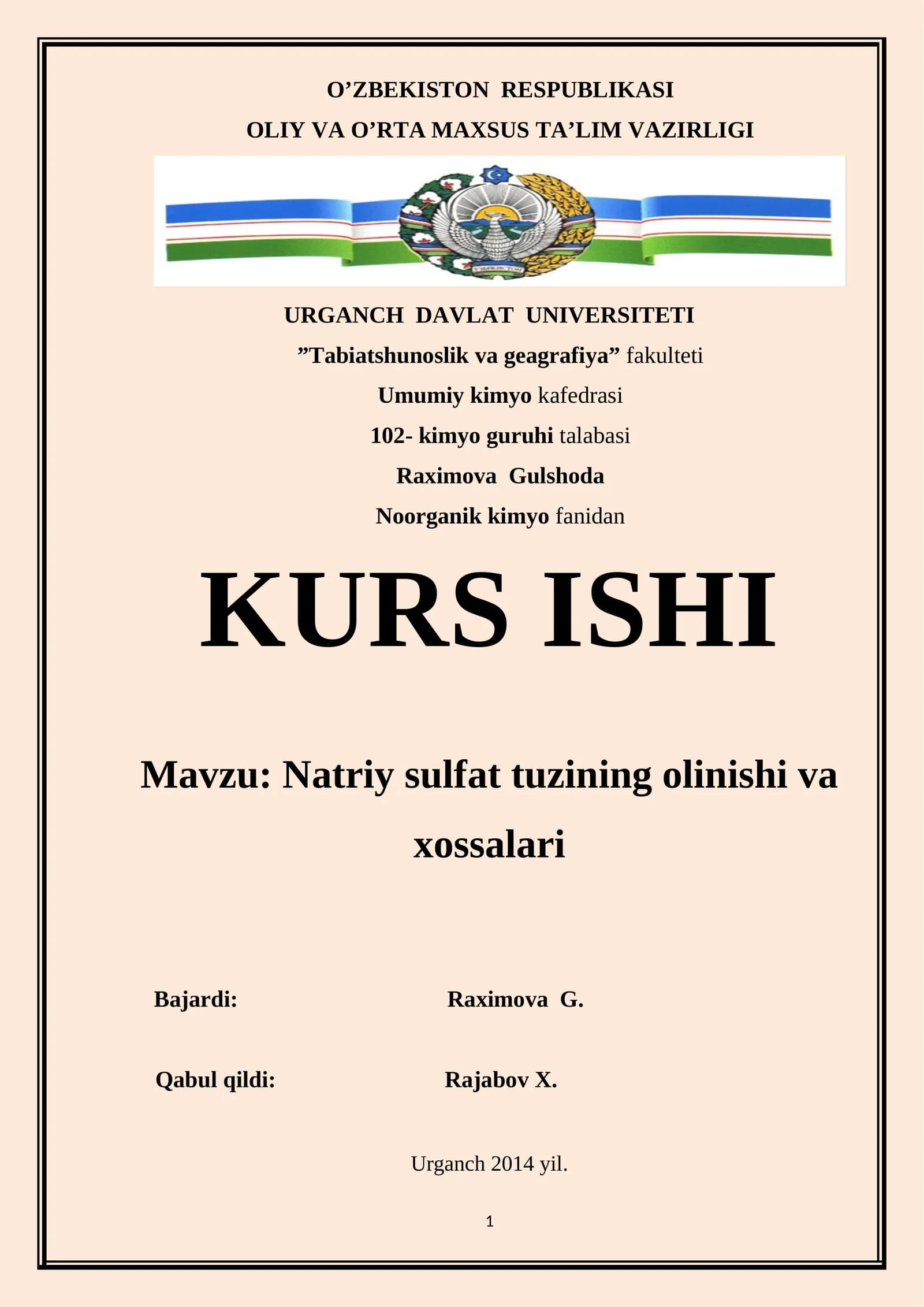 Natriy sulfat tuzining olinishi va xossalari