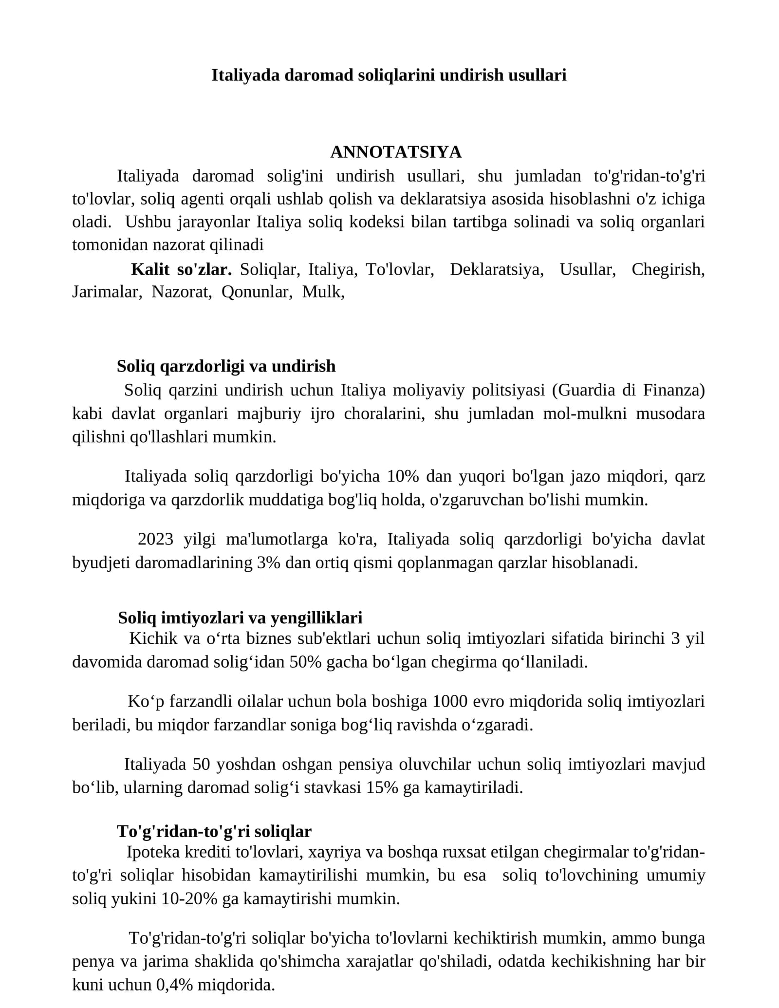 Italiyada daromad soliqlarini undirish usullari