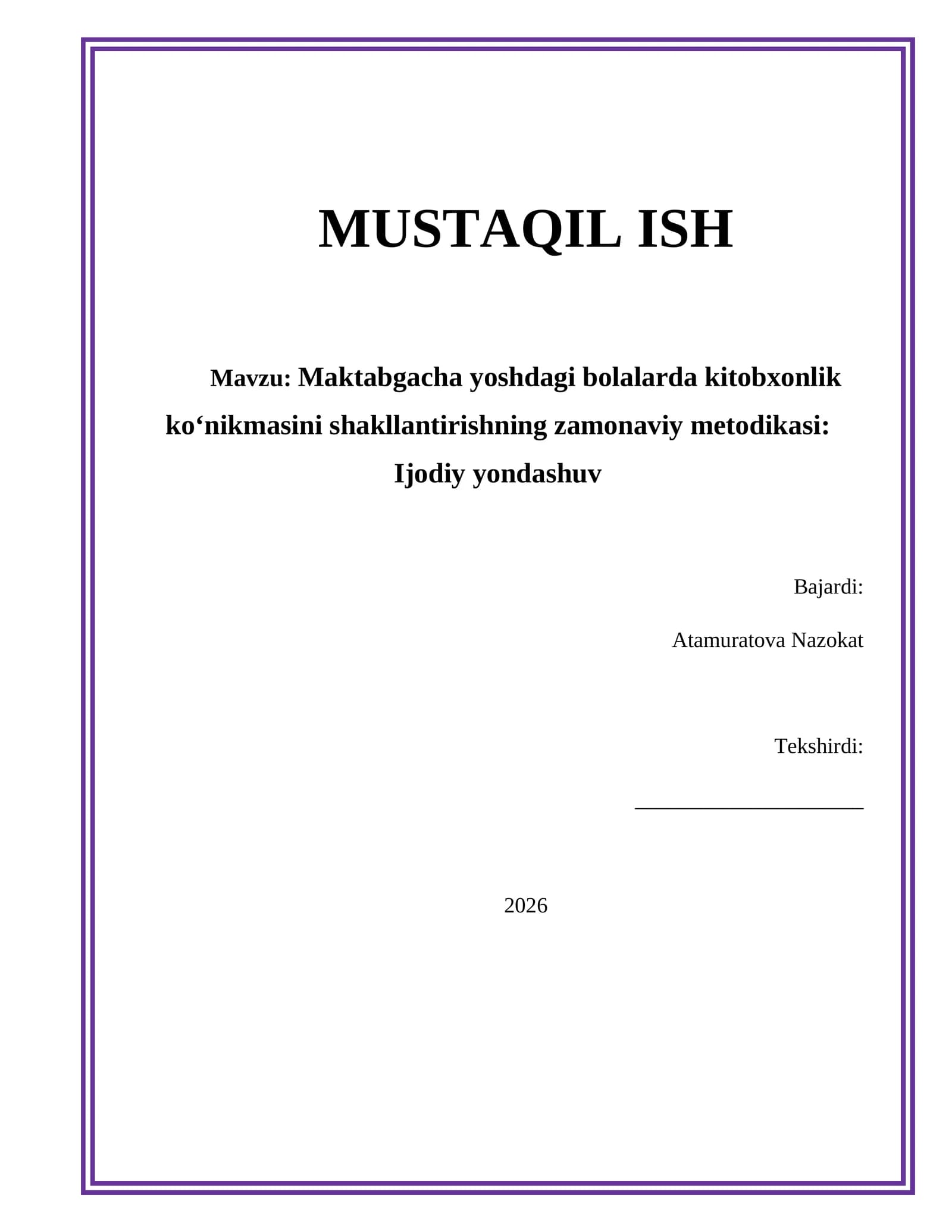 Maktabgacha yoshdagi bolalarda kitobxonlik ko‘nikmasini shakllantirishning zamonaviy metodikasi: Ijodiy yondashuv