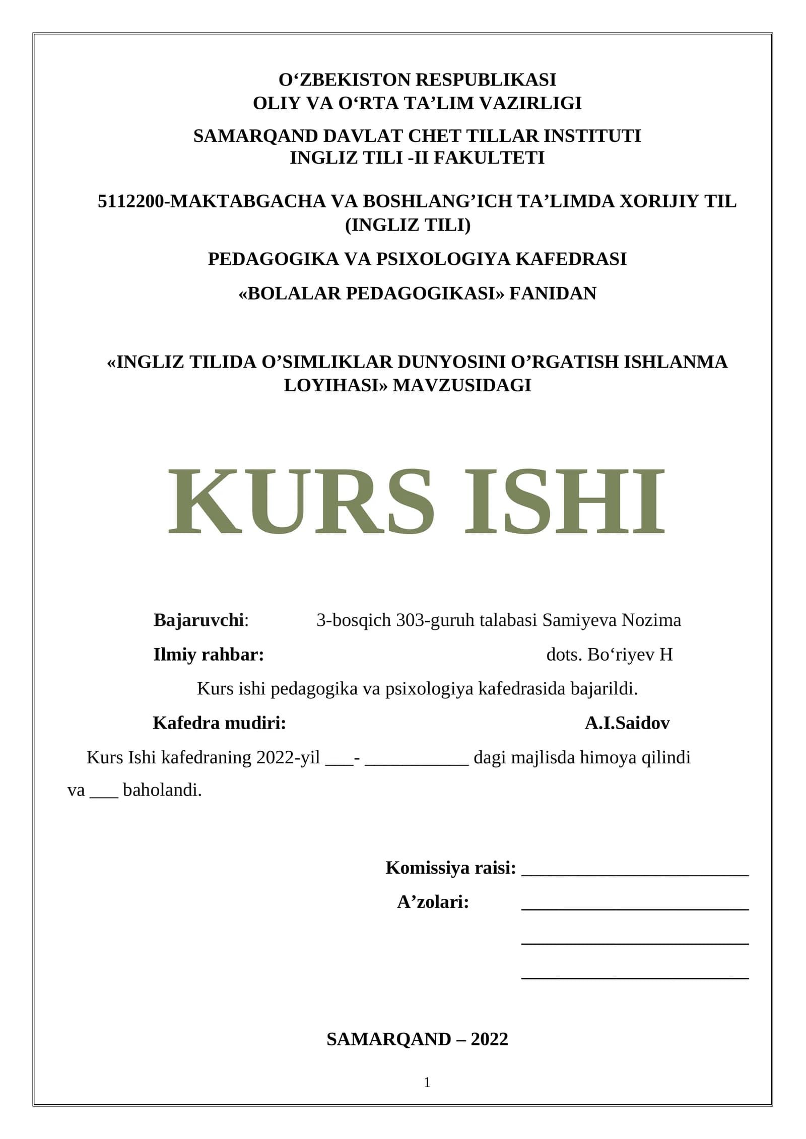 INGLIZ TILIDA O’SIMLIKLAR DUNYOSINI O’RGATISH ISHLANMA LOYIHASI
