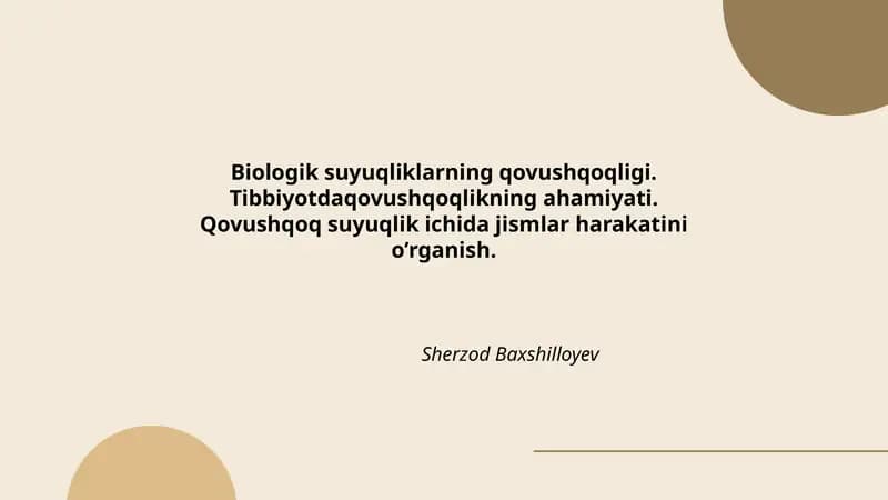 Biologik suyuqliklarning qovushqoqligi. Tibbiyotdaqovushqoqlikning ahamiyati. Qovushqoq suyuqlik ichida jismlar harakatini o’rganish.