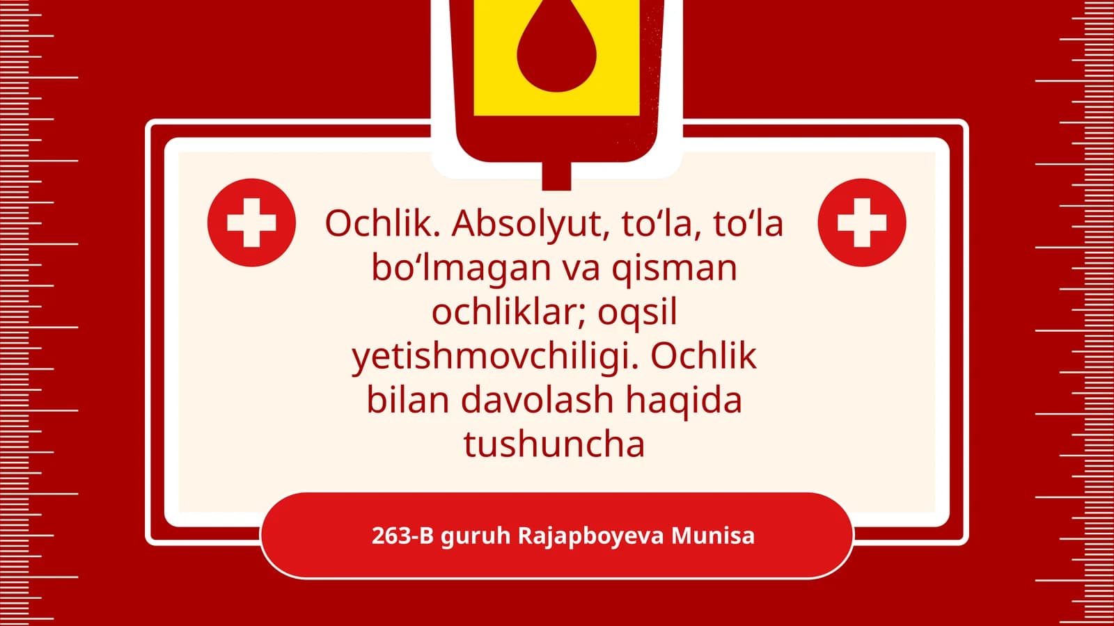 Ochlik. Absolyut, toʻla, toʻla boʻlmagan va qisman ochliklar; oqsil yetishmovchiligi. Ochlik bilan davolash haqida tushuncha