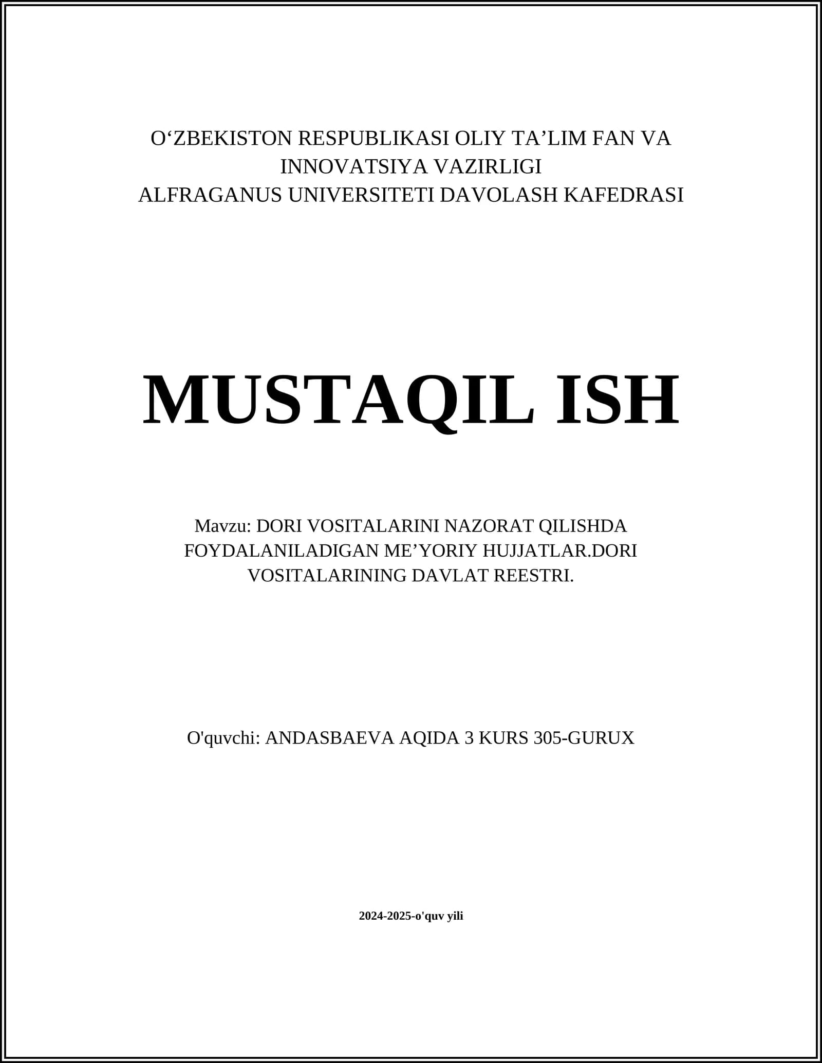 DORI VOSITALARINI NAZORAT QILISHDA FOYDALANILADIGAN ME’YORIY HUJJATLAR
