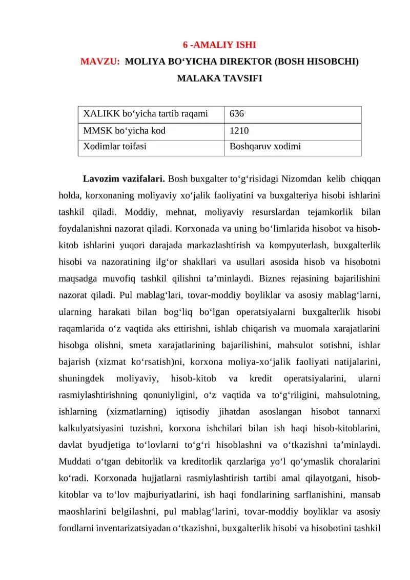 MOLIYA BО'YICHA DIREKTOR (BOSH HISOBCHI) MALAKA TAVSIFI