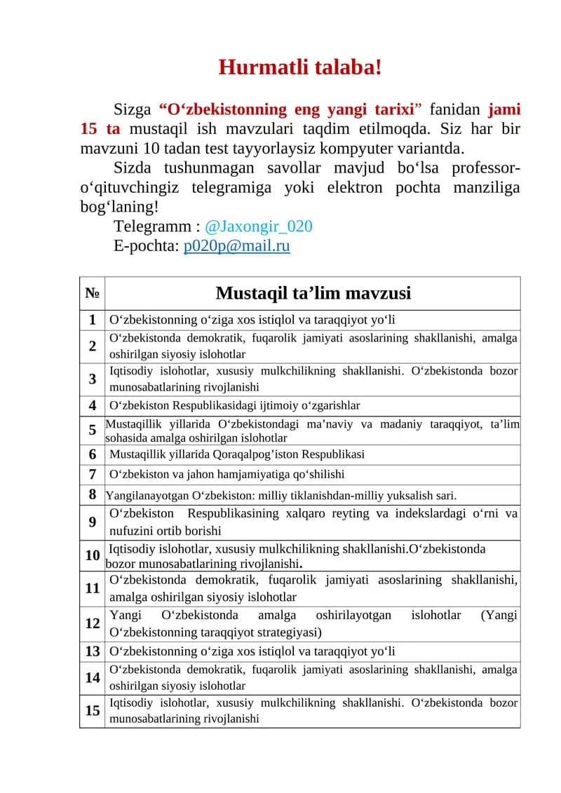 O‘zbekistonning eng yangi tarixi