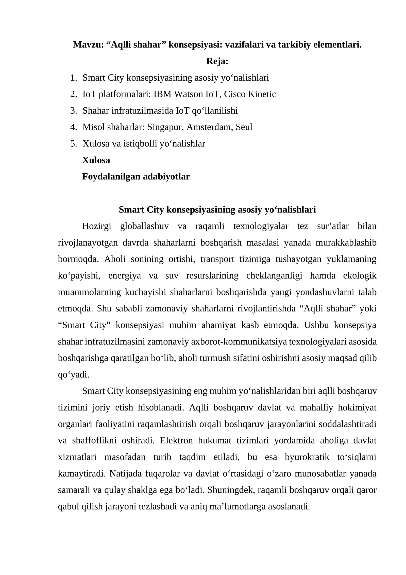 “Aqlli shahar” konsepsiyasi: vazifalari va tarkibiy elementlari