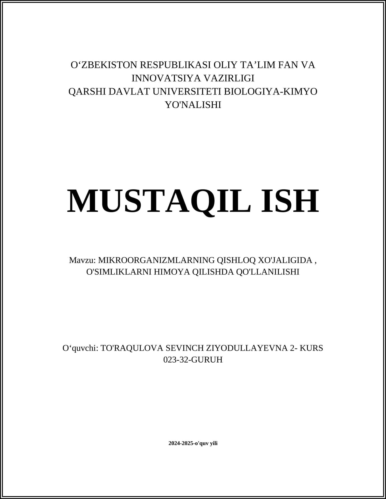 MIKROORGANIZMLARNING QISHLOQ XO'JALIGIDA, O'SIMLIKLARNI HIMOYA QILISHDA QO'LLANILISHI