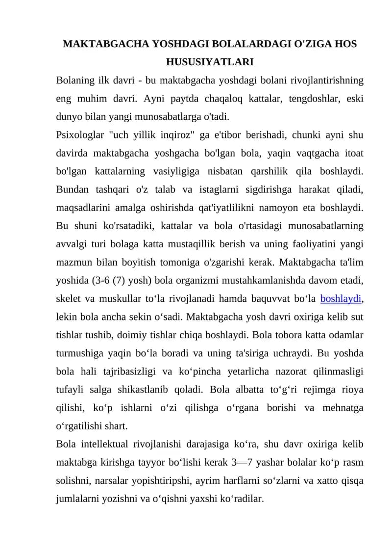 MAKTABGACHA YOSHDAGI BOLALARDAGI O'ZIGA HOS HUSUSIYATLARI