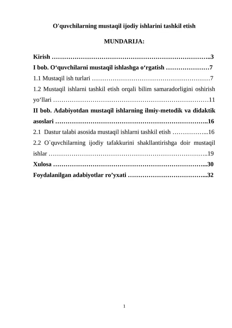 O'quvchilarning mustaqil ijodiy ishlarini tashkil etish