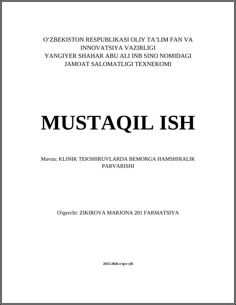 KLINIK TEKSHIRUVLARDA BEMORGA HAMSHIRALIK PARVARISHI