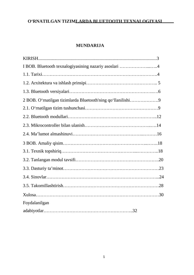 OʻRNATILGAN TIZIMLARDA BLUETOOTH TEXNALOGIYASI.