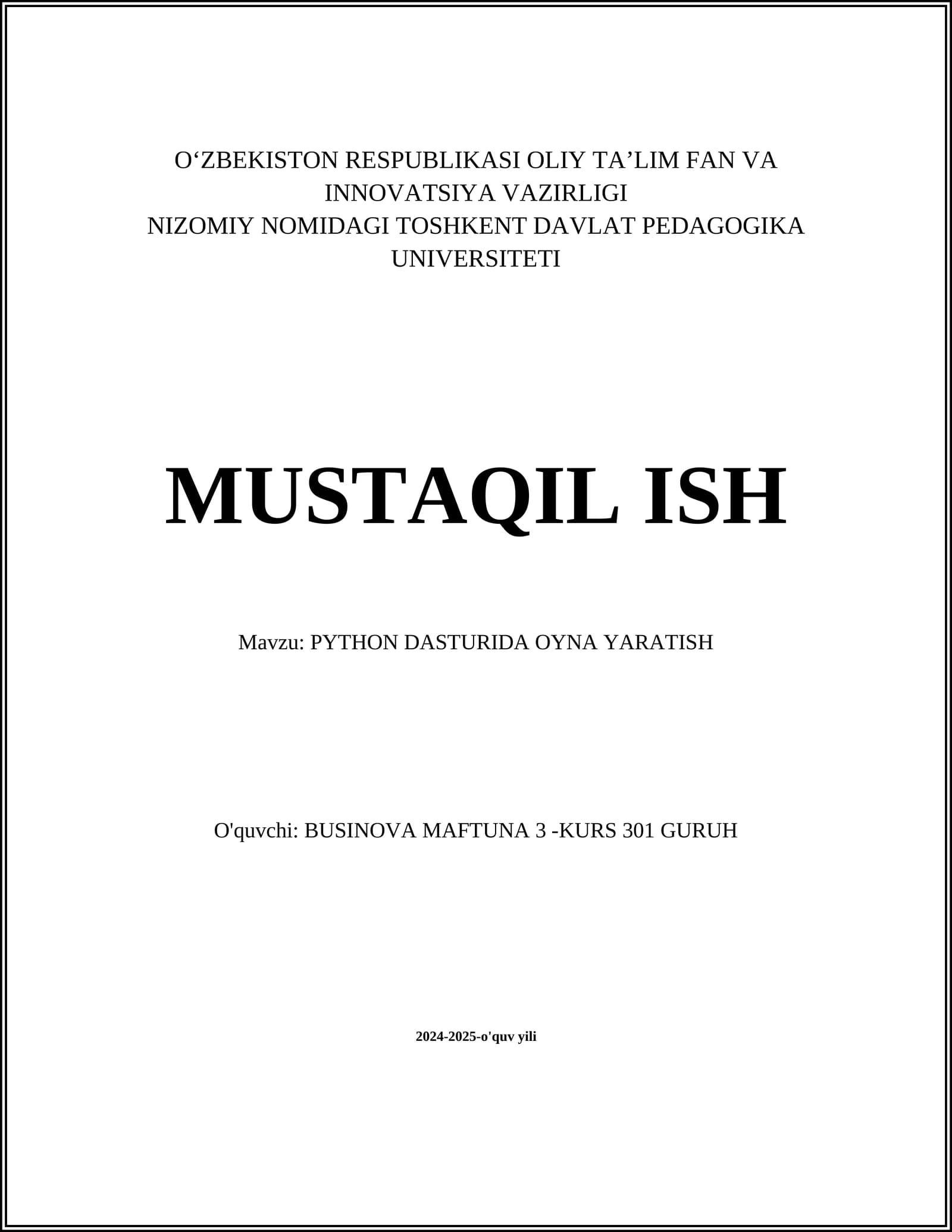 PYTHON DASTURIDA OYNA YARATISH