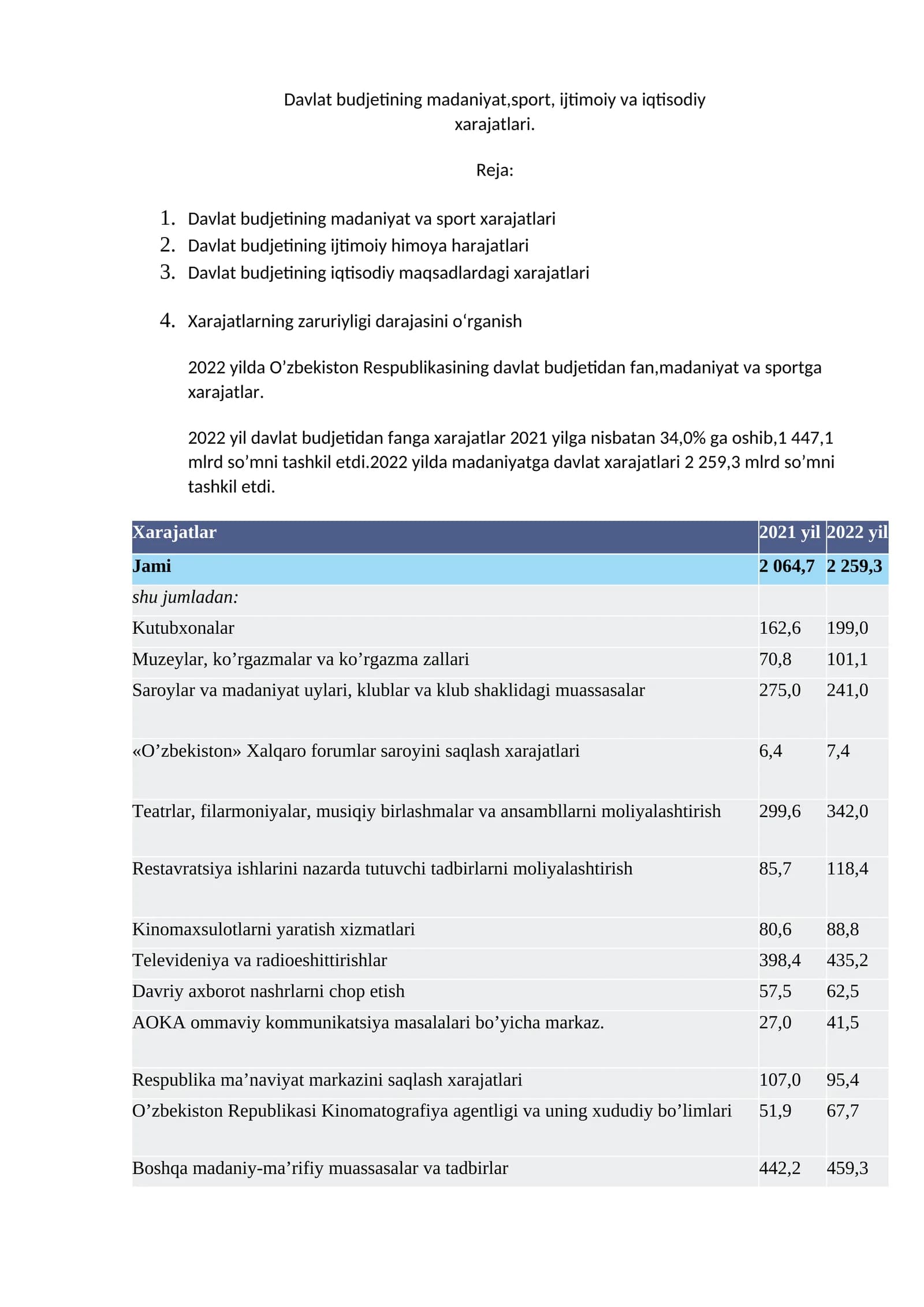 Davlat budjetining madaniyat,sport, ijtimoiy va iqtisodiy xarajatlari