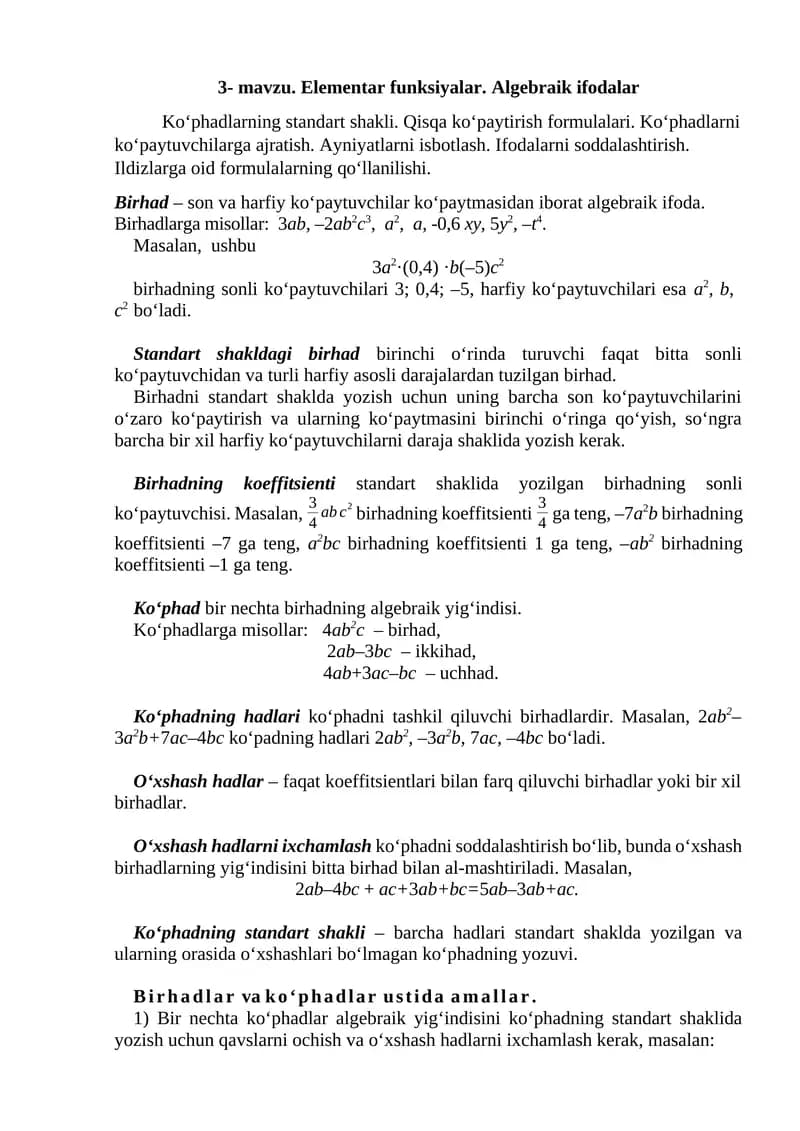 Elementar funksiyalar. Algebraik ifodalar
