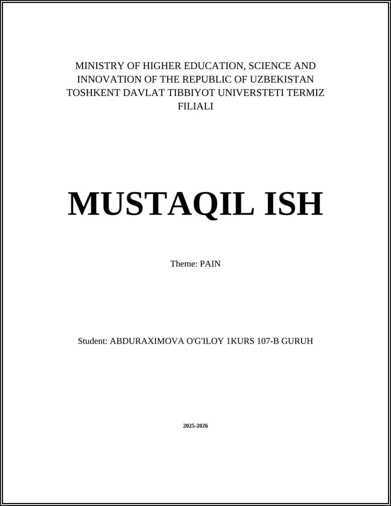 TOSHKENT DAVLAT TIBBIYOT UNIVERSTETI MUSTAQIL ISH