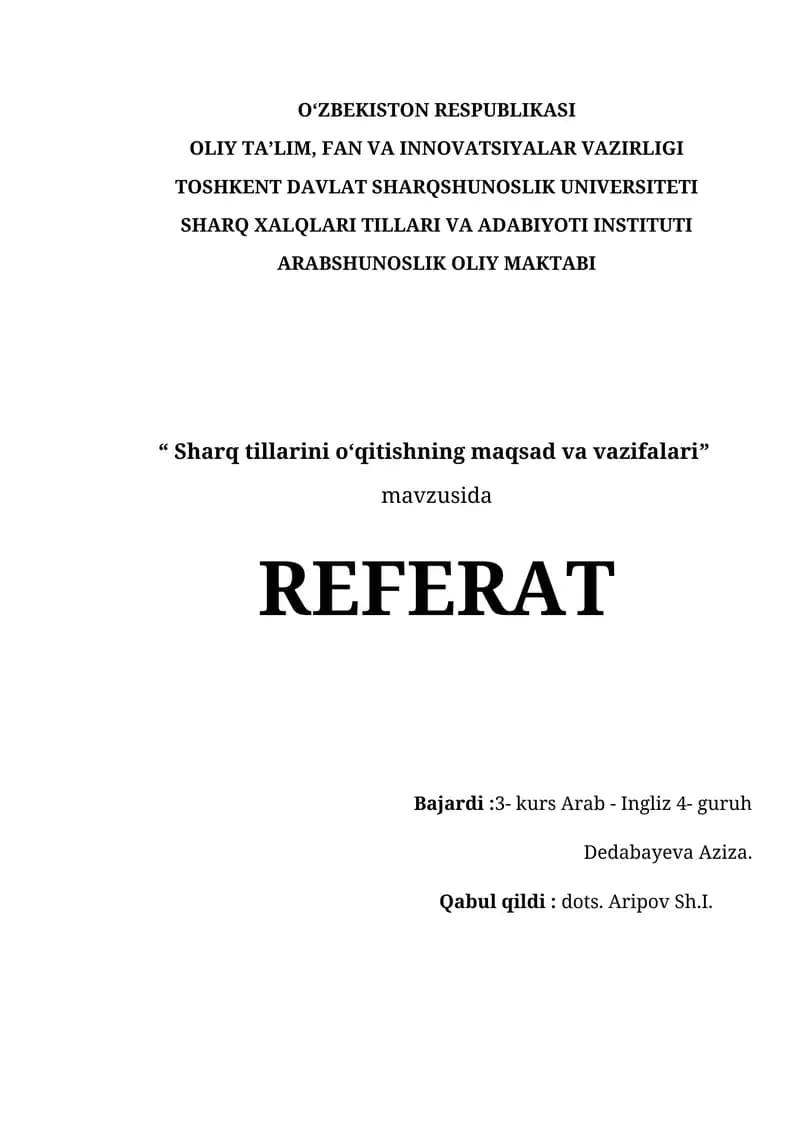 Sharq tillarini o‘qitishning maqsad va vazifalari