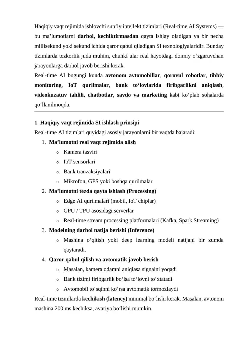 Haqiqiy vaqt rejimida ishlovchi sun’iy intellekt tizimlari (Real-time AI Systems)