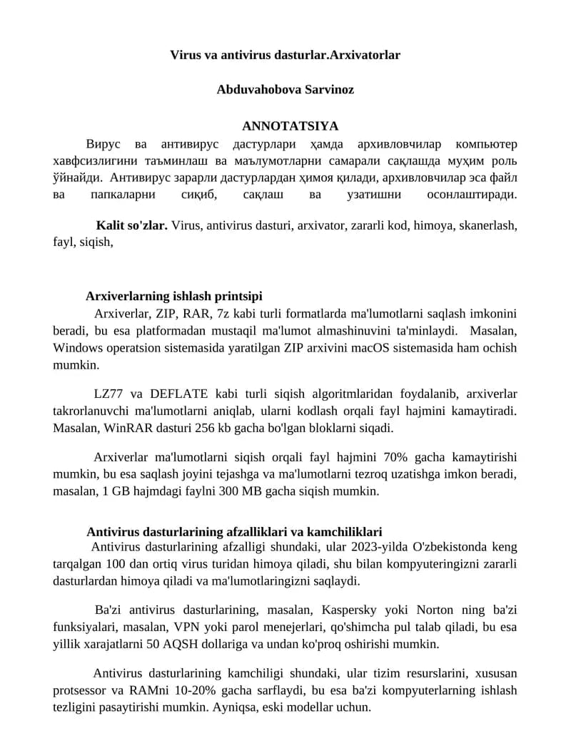 Virus va antivirus dasturlar.Arxivatorlar