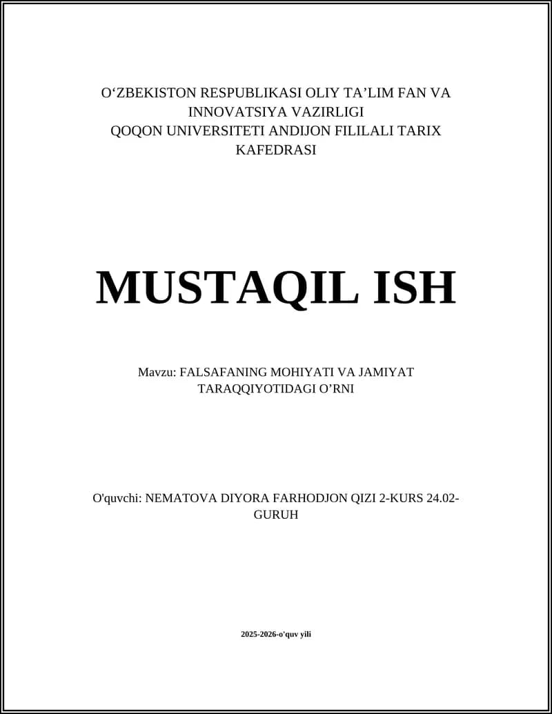FALSAFANING MOHIYATI VA JAMIYAT TARAQQIYOTIDAGI OʼRNI