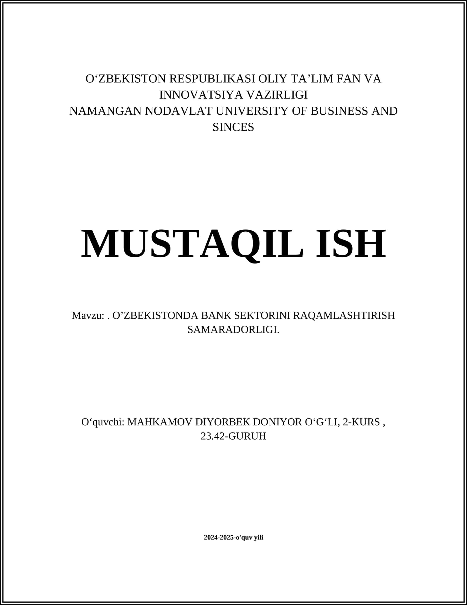 O'ZBEKISTON RESPUBLIKASI OLIY TA’LIM FAN VA INNOVATSIYA VAZIRLIGI