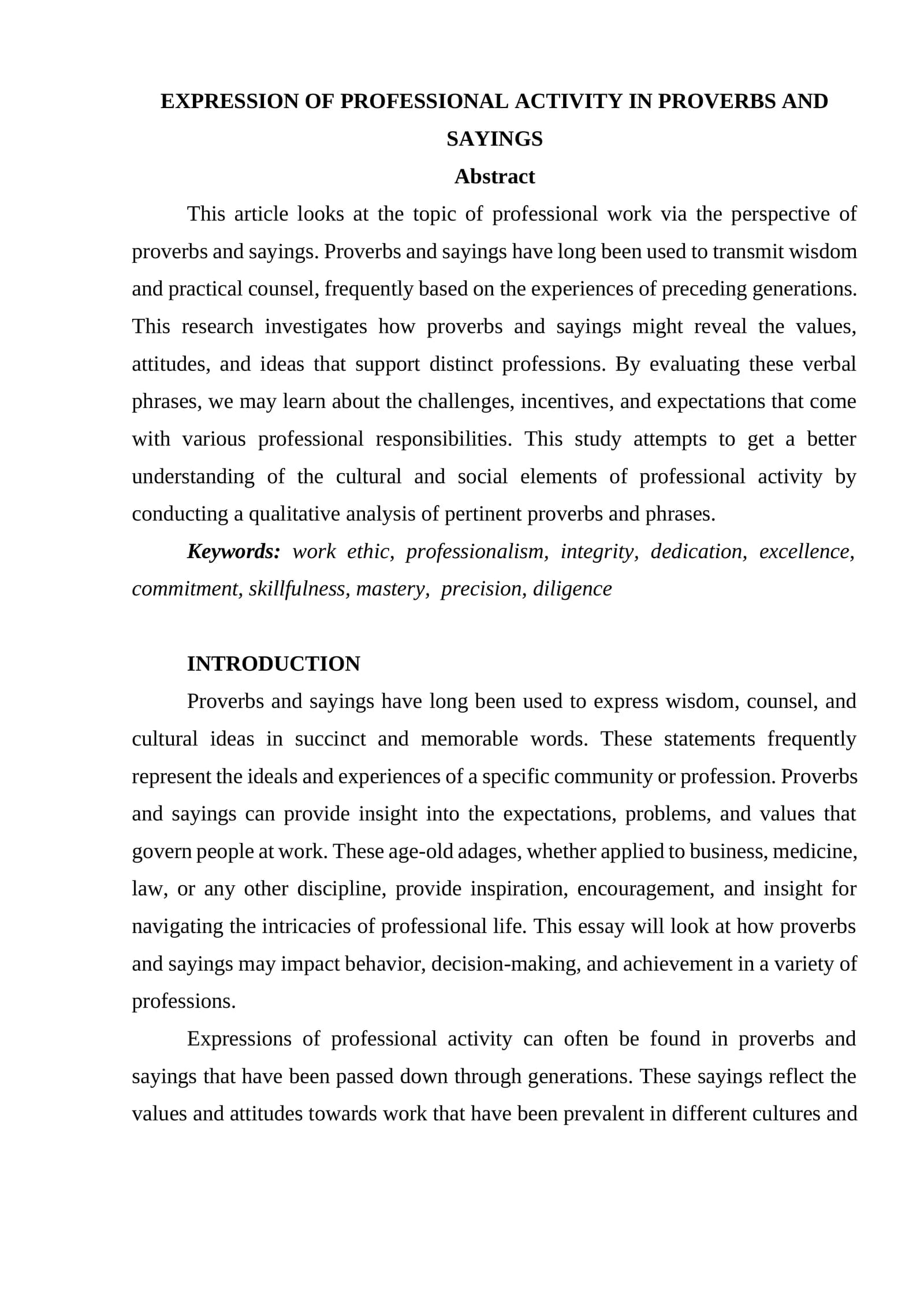 EXPRESSION OF PROFESSIONAL ACTIVITY IN PROVERBS AND SAYINGS