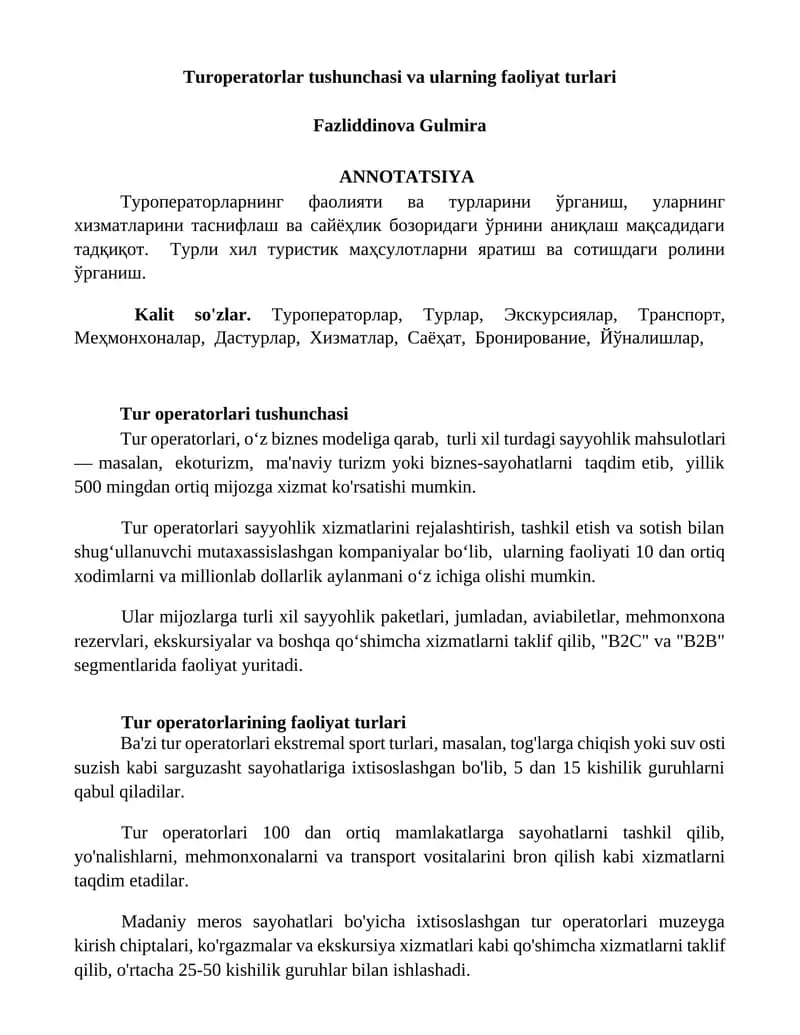 Tur operatorlari tushunchasi va ularning faoliyat turlari