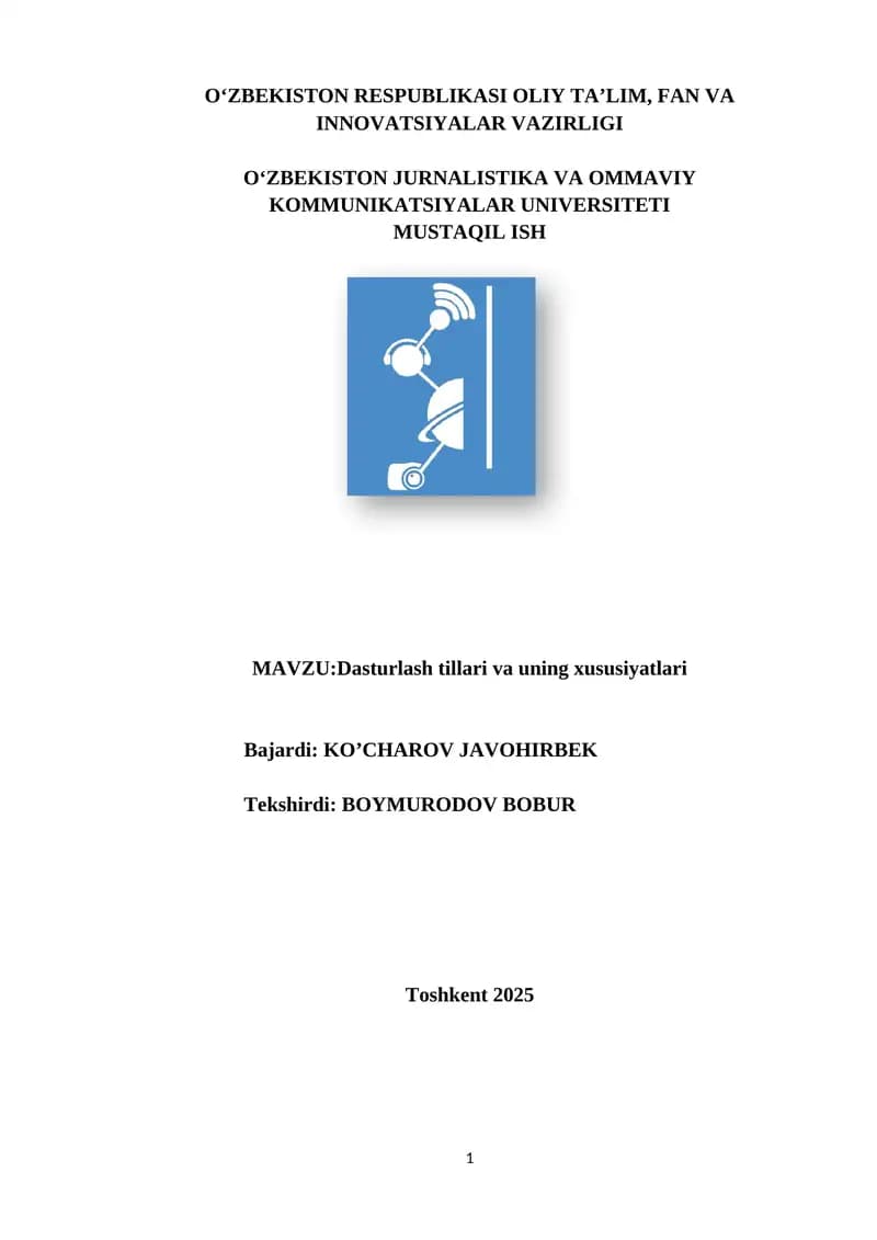 Dasturlash tillari va uning xususiyatlari
