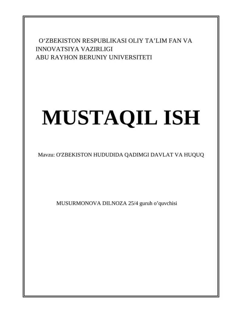 O'ZBEKISTON HUDUDIDA QADIMGI DAVLAT VA HUQUQ