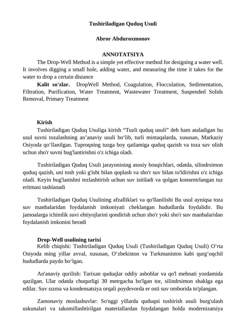 Tushiriladigan Quduq Usuli