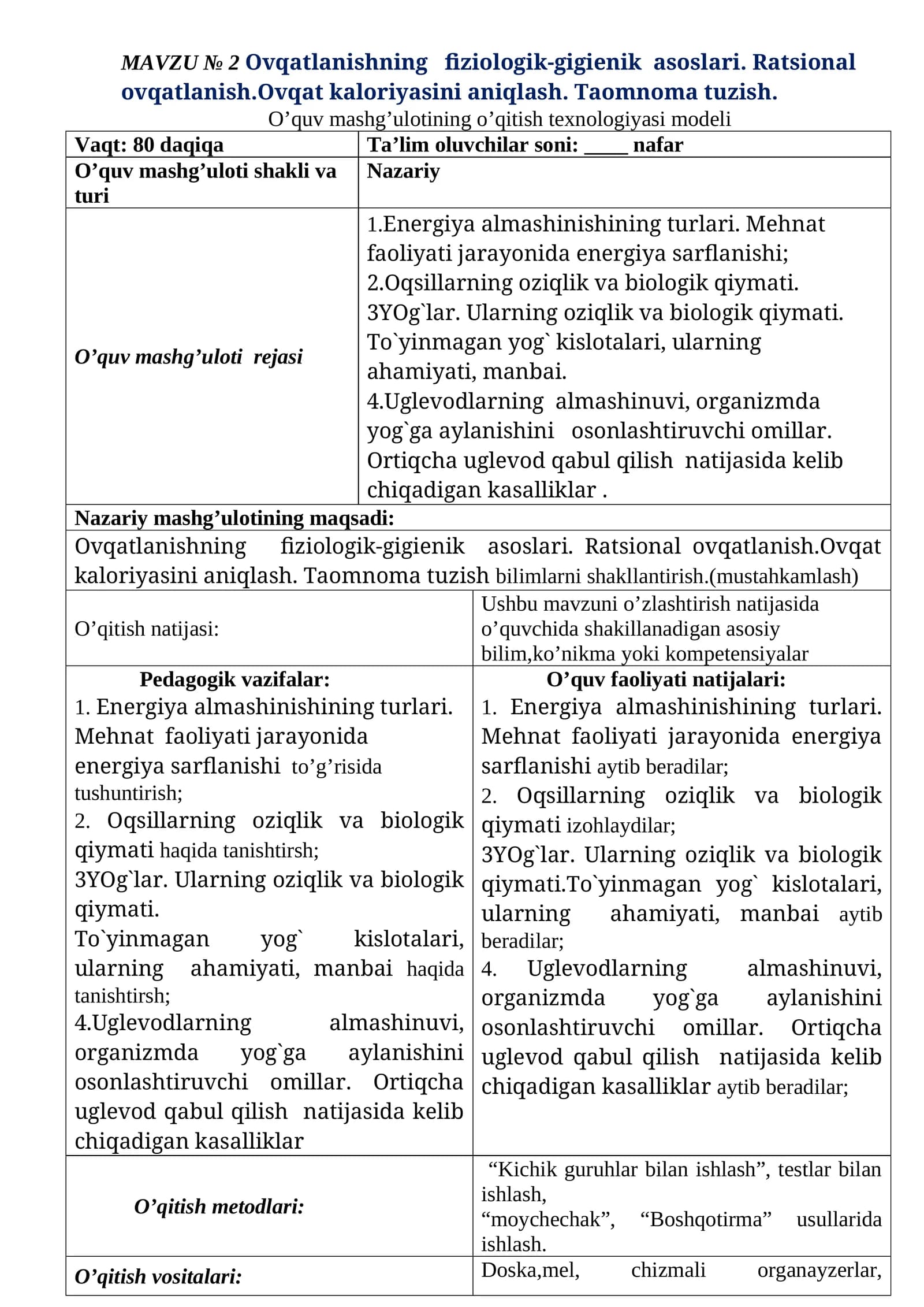 MAVZU № 2 Ovqatlanishning fiziologik-gigienik asoslari