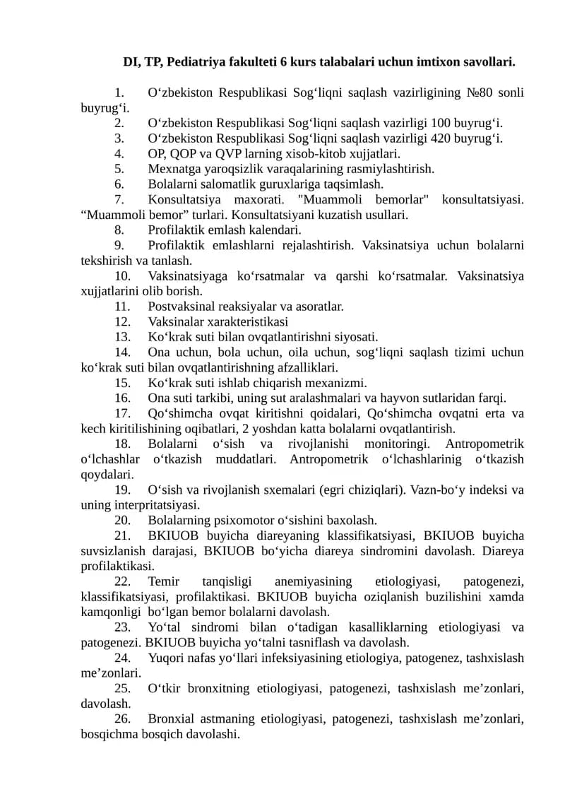 Pediatriya fakulteti 6 kurs talabalari imtixon savollari