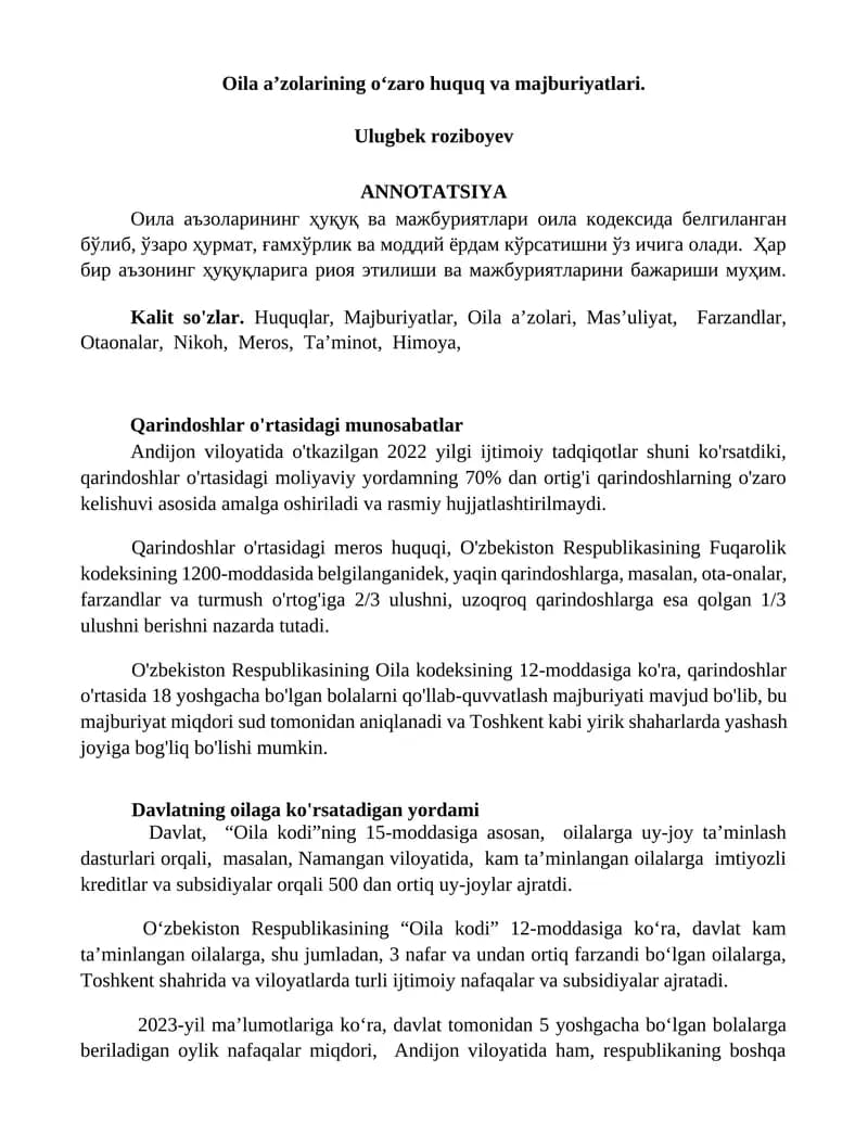 Oila a’zolarining o‘zaro huquq va majburiyatlari