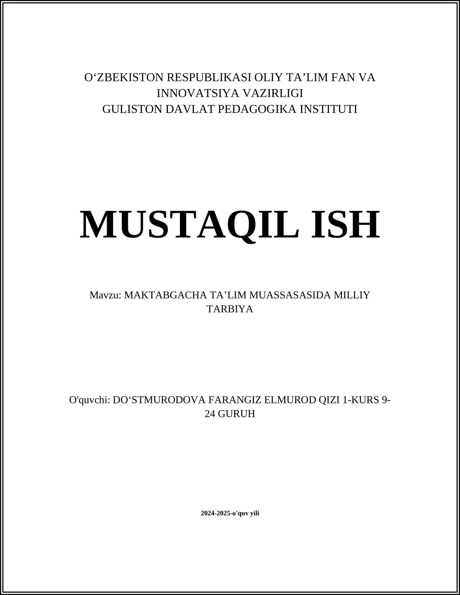 MAKTABGACHA TAʼLIM MUASSASASIDA MILLIY TARBIYA