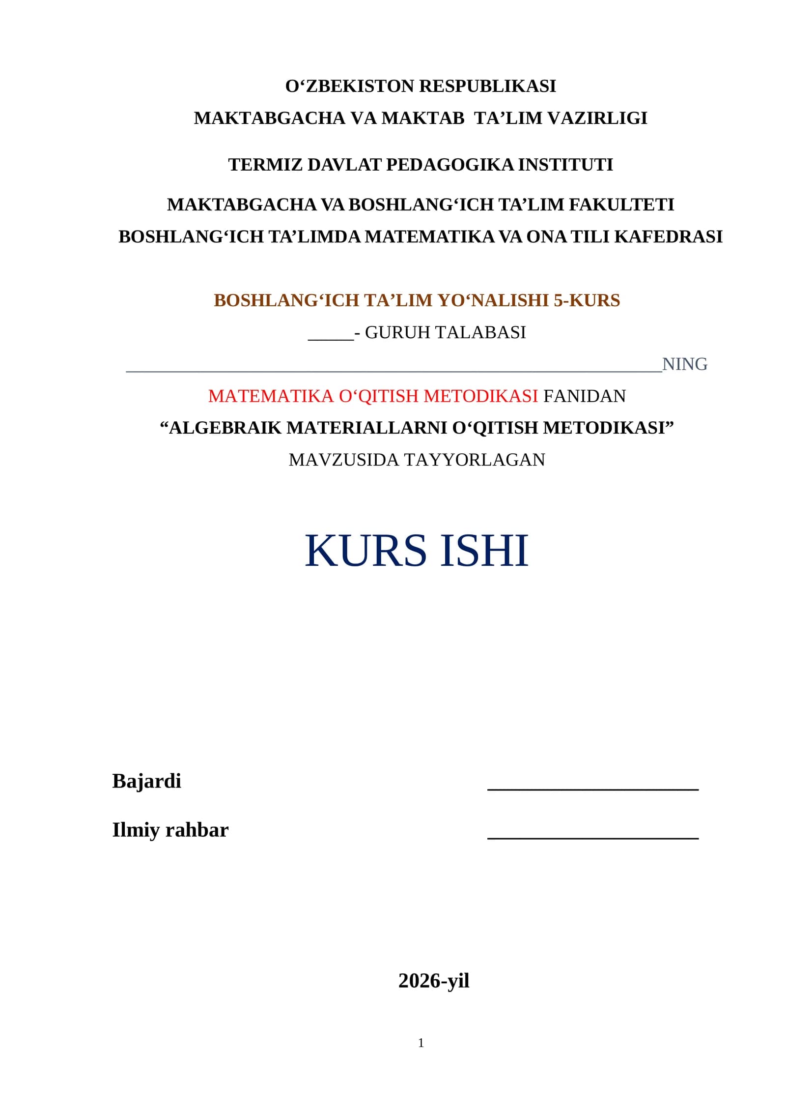 ALGEBRAIK MATERIALLARNI O‘QITISH METODIKASI