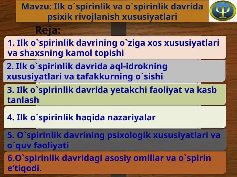 Ilko`spirinlik va o`spirinlik davridagi psixik rivojlanish xususiyatlari