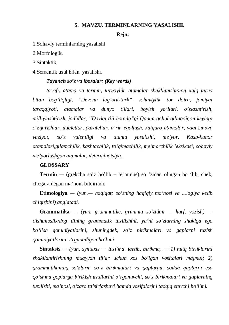 MAVZU. TERMINLARNING YASALISHI