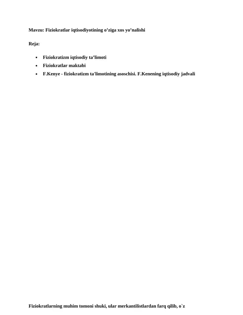 Fiziokratlar iqtisodiyotini o’rganish