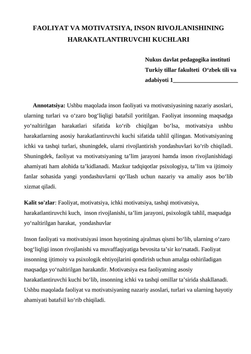 Inson faoliyati va motivatsiyasi