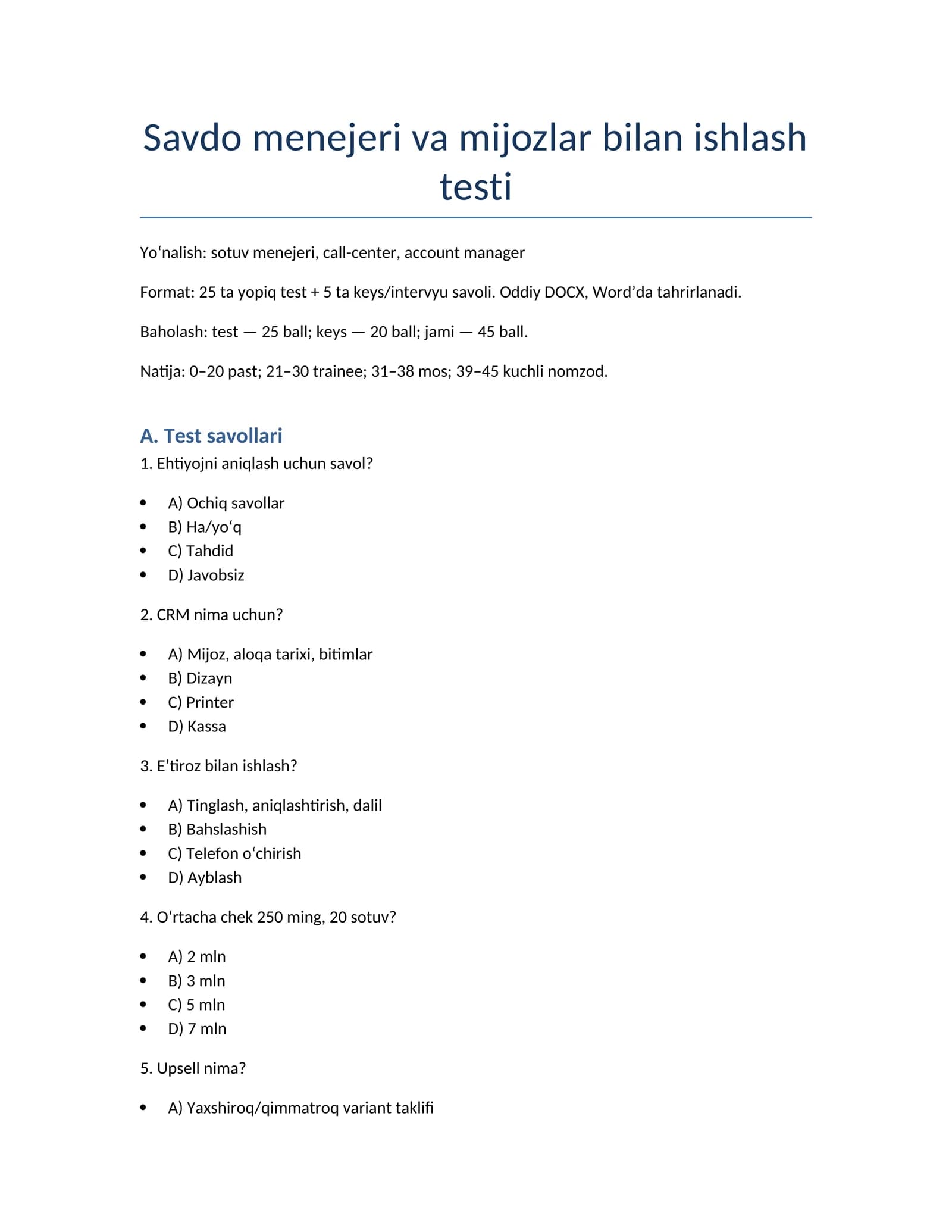 Savdo menejeri va mijozlar bilan ishlash testi