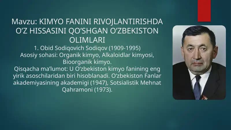 KIMYO FANINI RIVOJLANTIRISHDA O’Z HISSASINI QO’SHGAN O’ZBEKISTON OLIMLARI