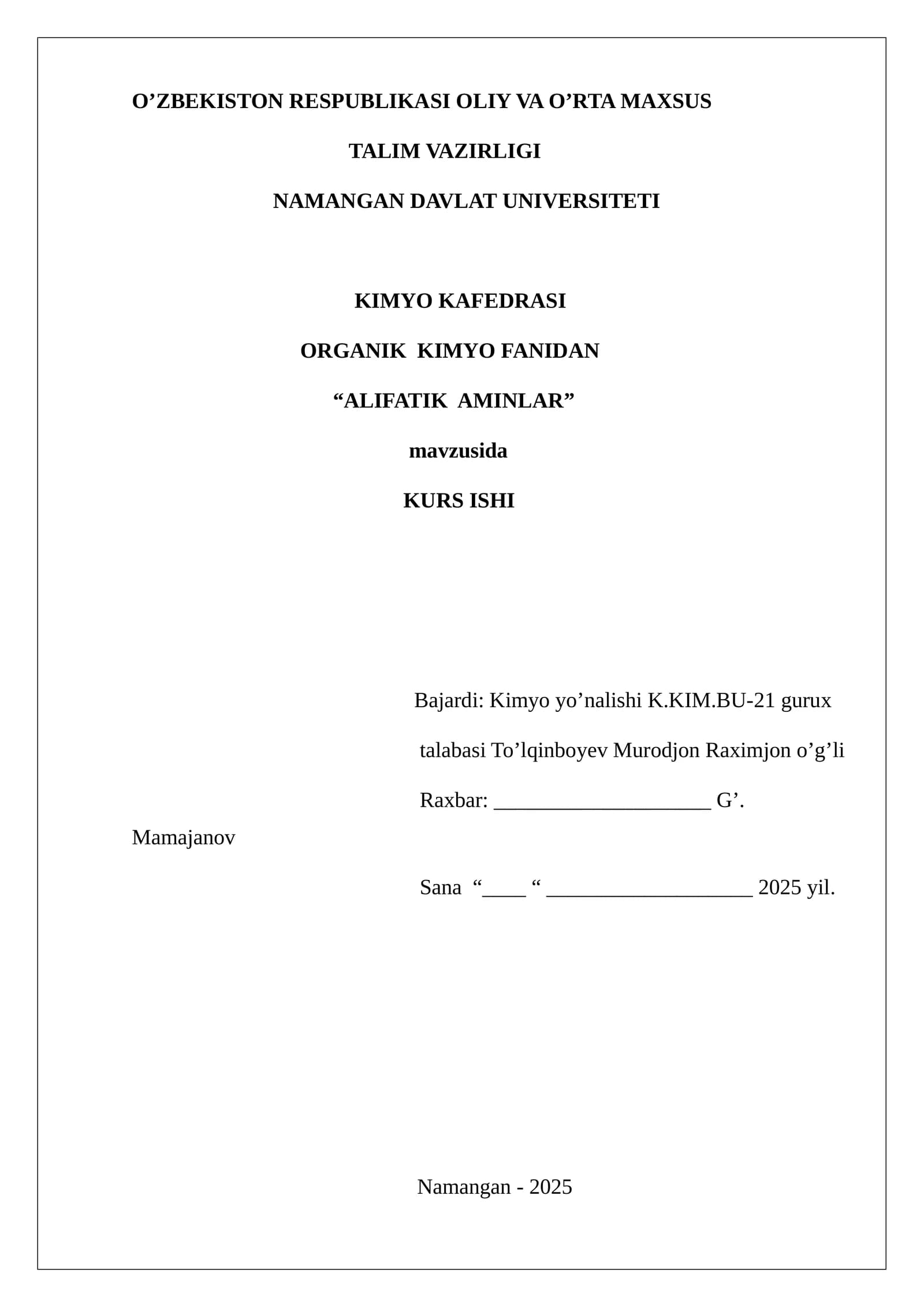 Alifatik Aminlar Kurs ishi