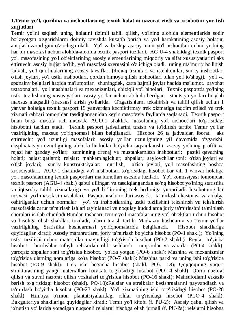 Temir yo‘l, qurilma va inshootlarning texnik holatini nazorat etish va xisobotini yuritish xujjatlari