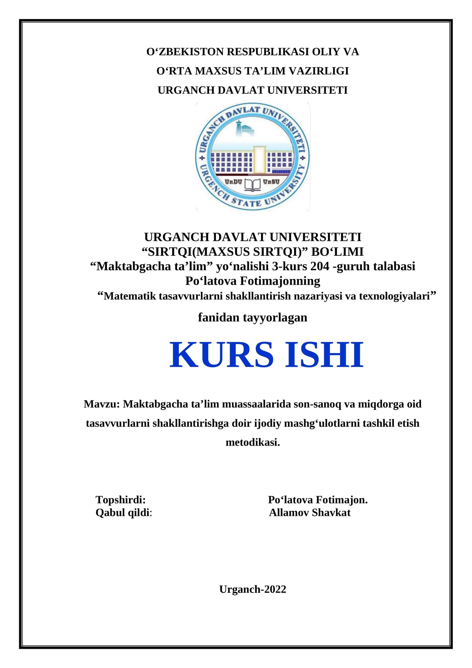 Maktabgacha ta’lim muassaalarida son-sanoq va miqdorga oid tasavvurlarni shakllantirishga doir ijodiy mashg‘ulotlarni tashkil etish metodikasi