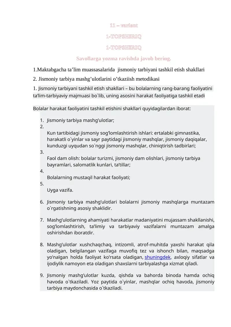 Jismoniy Tarbiya Mashg'ulotlari