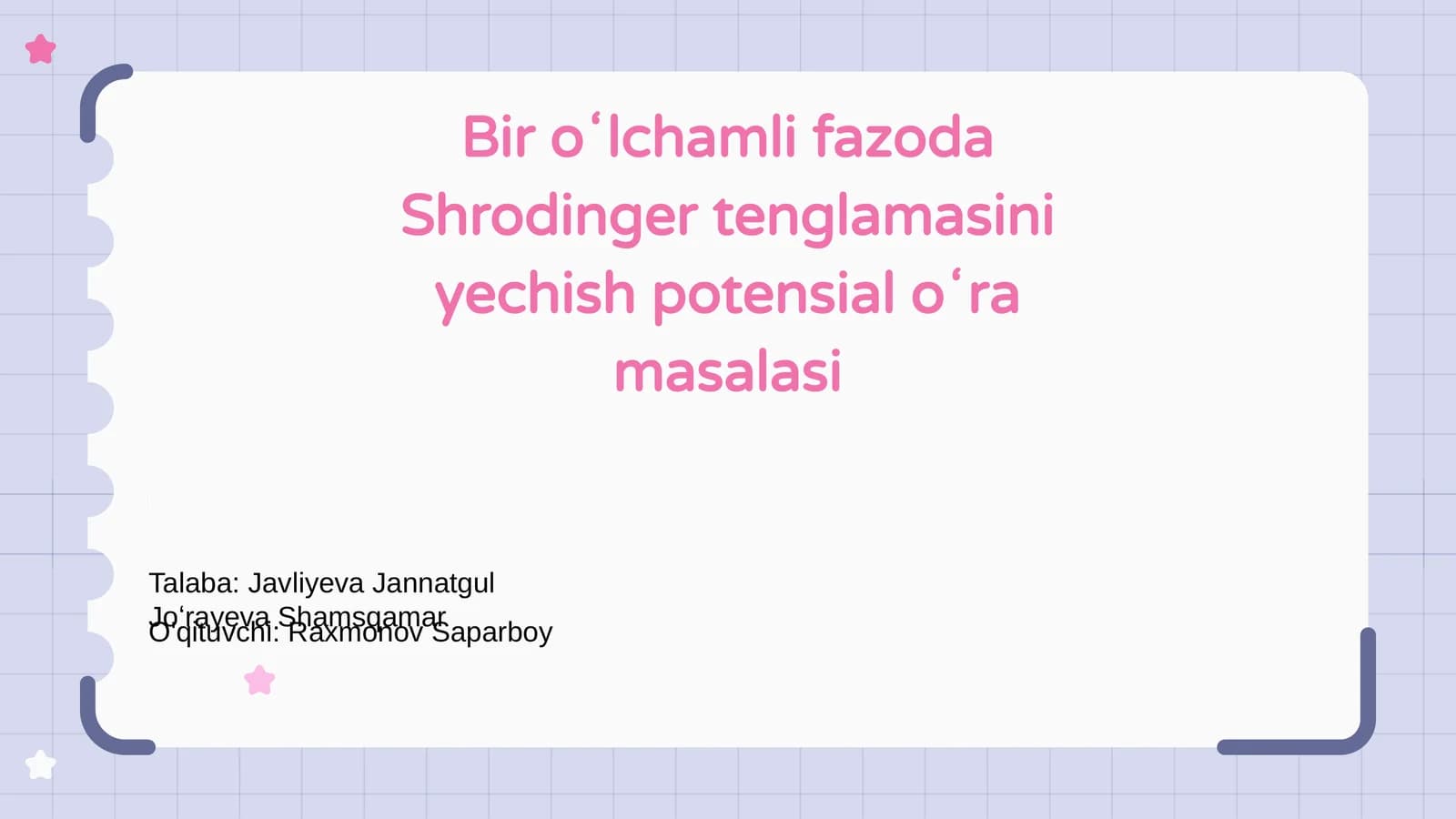 Bir oʻlchamli fazoda Shrodinger tenglamasini yechish potensial oʻra masalasi